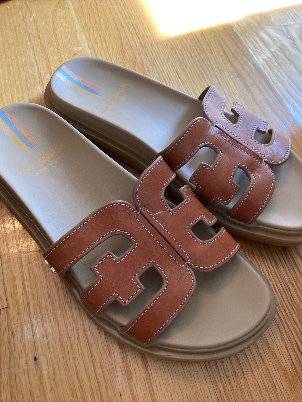 Sam Edelman Brown Slide Sandals with Metallic Logo and Stripes